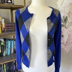 New York & Company Blue and Gray Argyle Cardigan